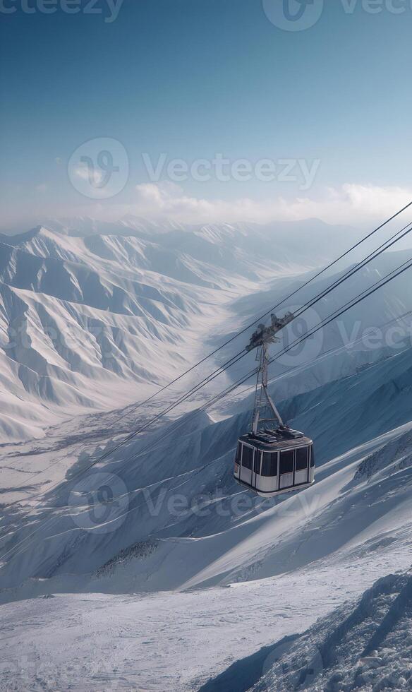 Elevated gondola ascending snowy mountain range amidst clear skies a winter wonderland adventure awaits skiers photo