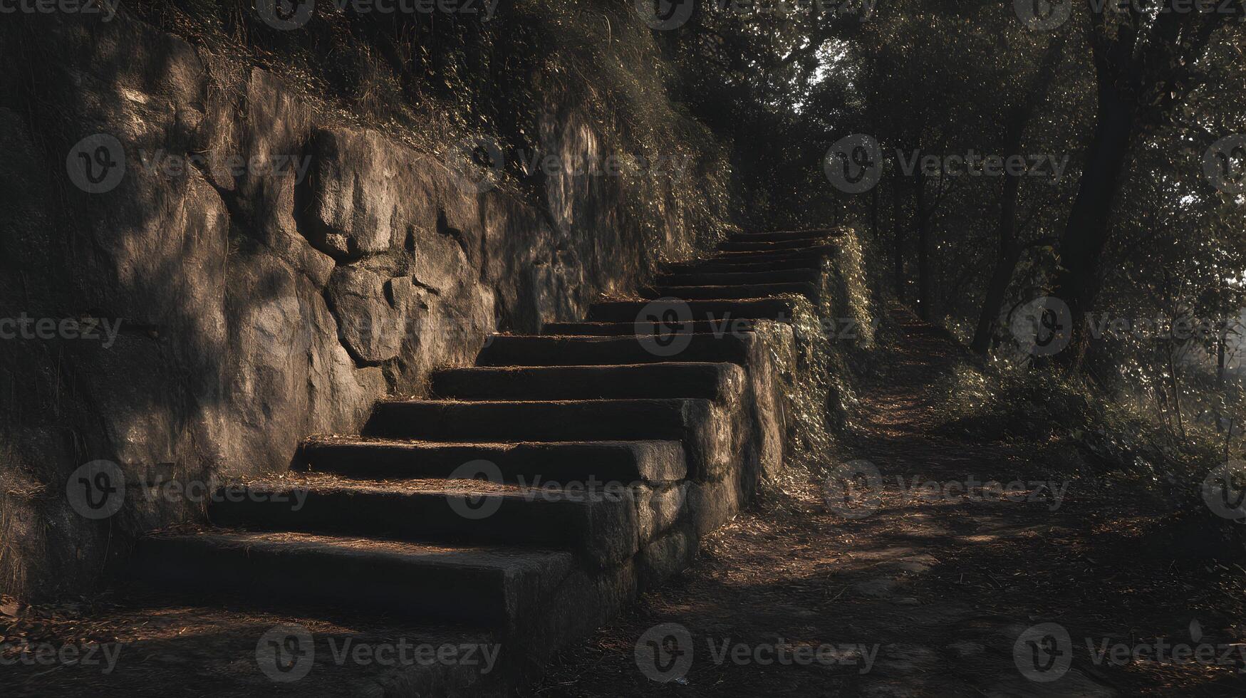 Ascending ancient stone stairway through shadowed forest with light dappling mossy rock wall photo