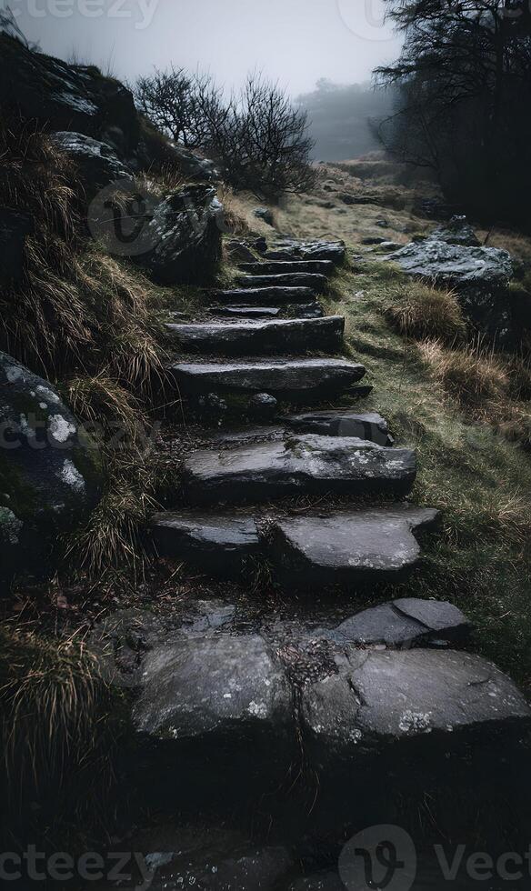Mystical stone stairway winding through a forest with an ethereal foggy atmosphere and scenic view photo