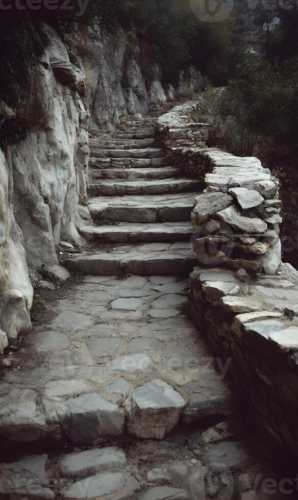 Ancient stone staircase winding up a mountain path through a rugged landscape offering adventure photo