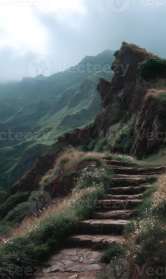Stone stairway winding up a majestic green mountain under a moody sky a path to tranquility photo