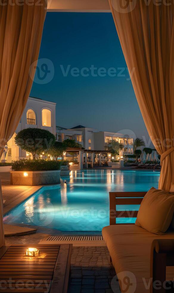 Evening tranquility poolside luxury resort view of illuminated buildings and serene swimming pool glow photo