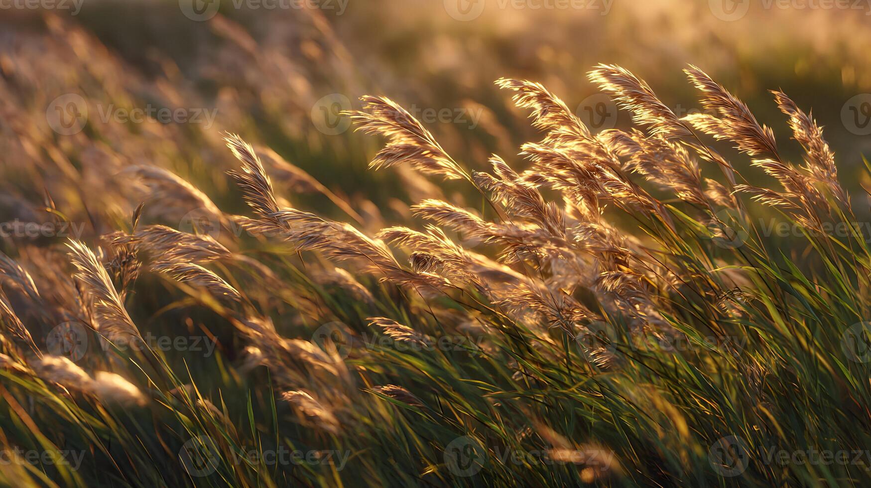Golden hour illumination on meadow grass, soft sunlight casting a warm glow across a serene field photo