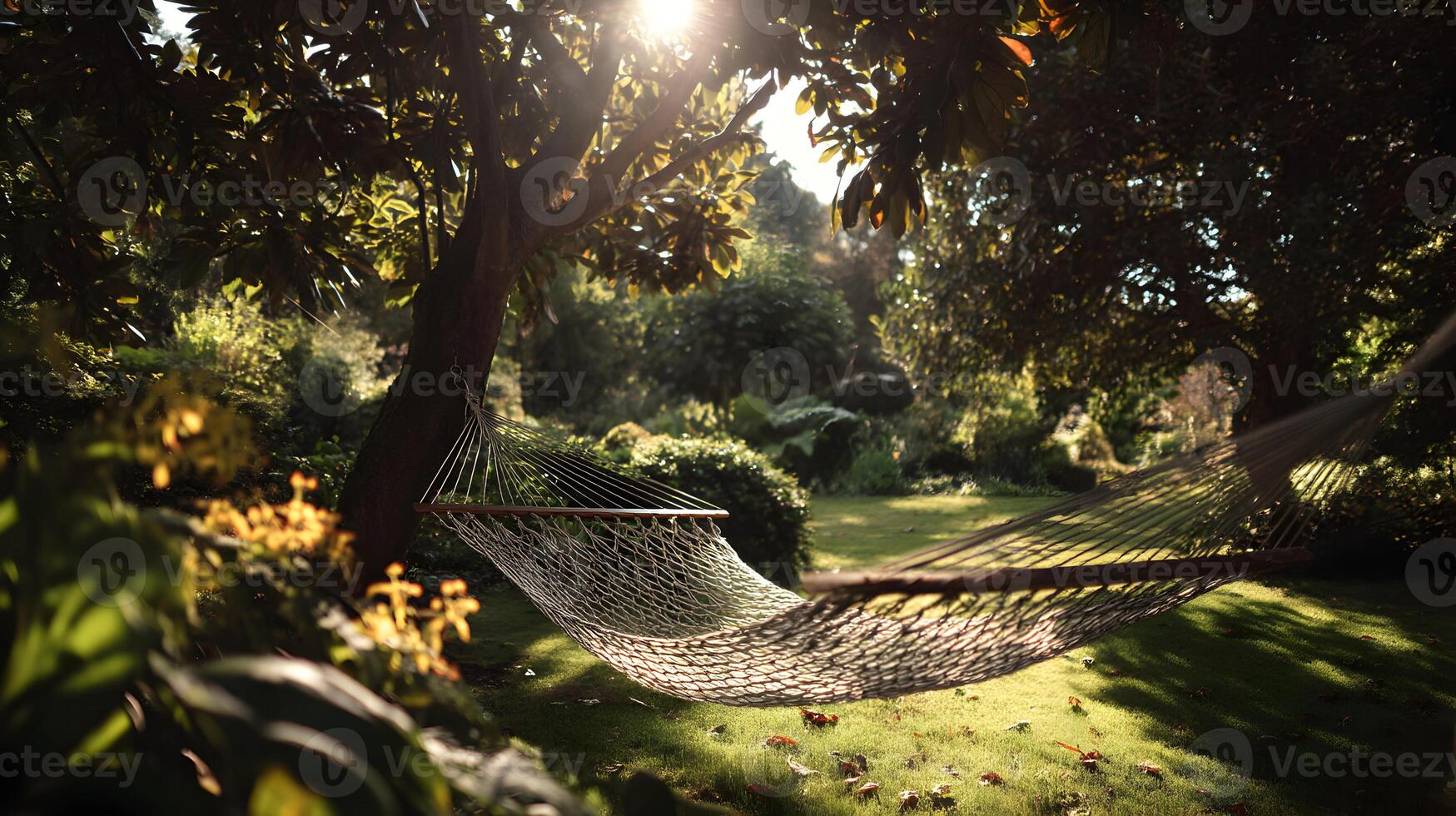 Relaxing afternoon in a lush green garden under the warm sunlight in a comfortable hammock photo