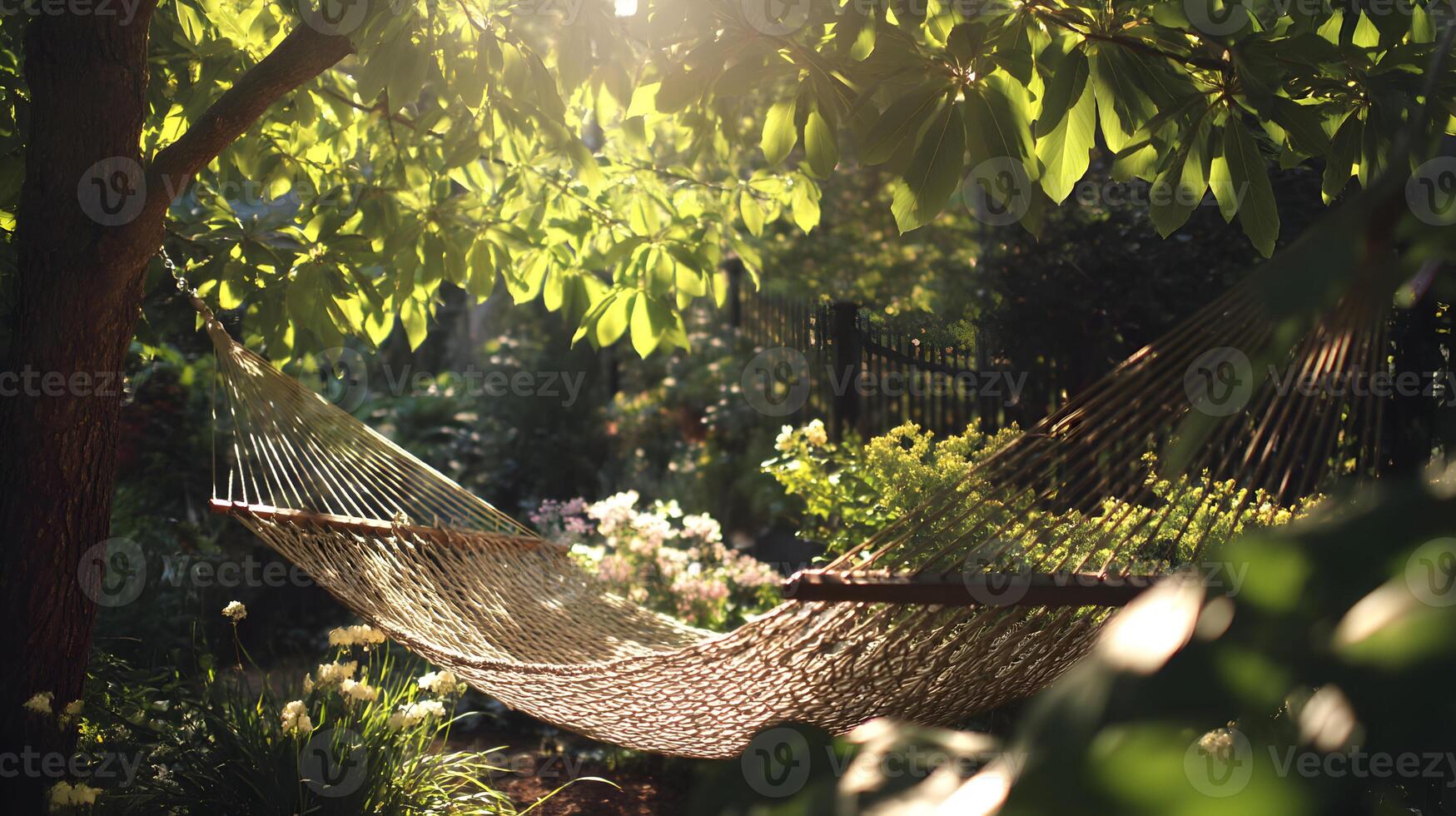 A peaceful escape awaits with a woven hammock gently suspended beneath a canopy of verdant trees photo