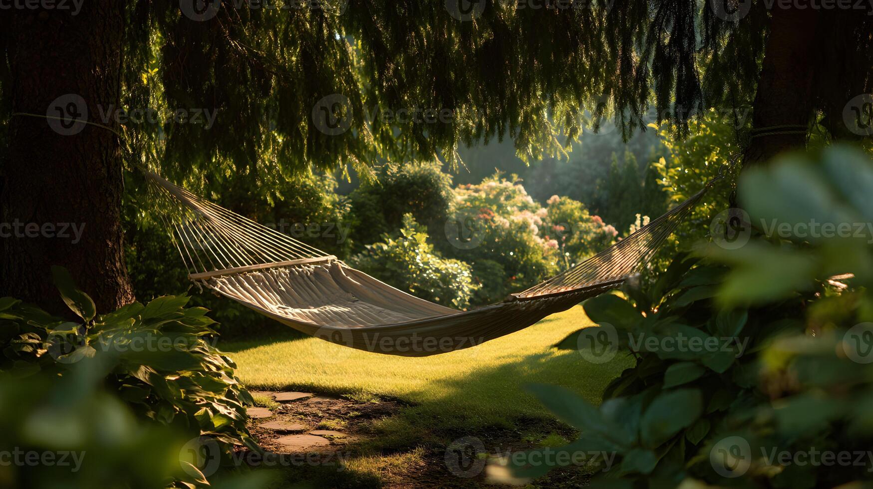 Idyllic scene of a hammock strung between trees in a peaceful garden setting photo