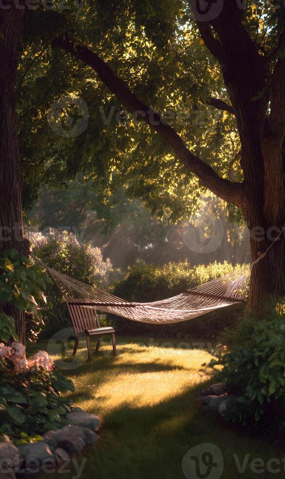 Sunlit hammock nestled among trees offering a tranquil escape into nature's embrace beckoning relaxation and serenity photo