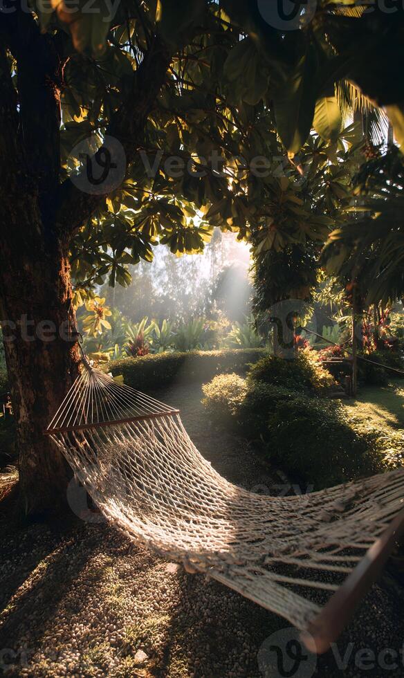 A Serene Hammock Retreat Surrounded by Lush Greenery Creating a Peaceful Vacation Escape photo
