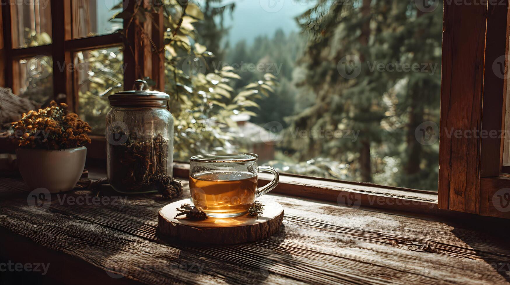 Serene window view with tea and nature backdrop bringing tranquility to the countryside scene photo