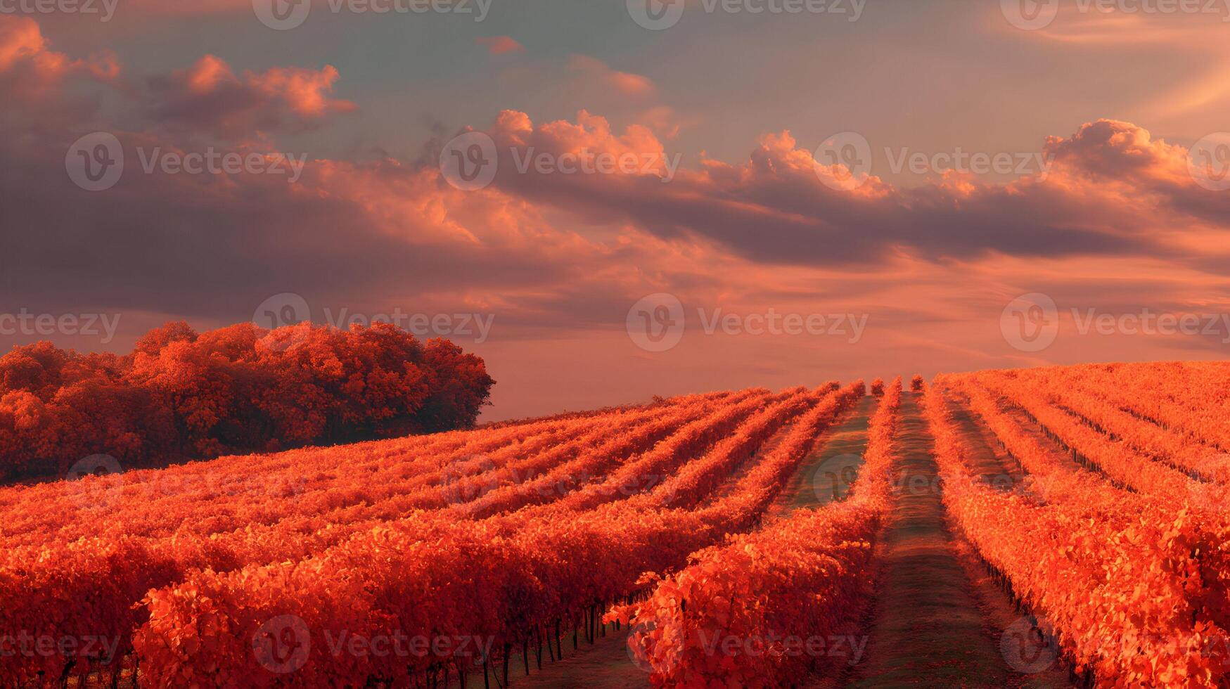 Vivid autumnal vineyard vista under a dramatic sky displaying the beauty of rural landscapes photo