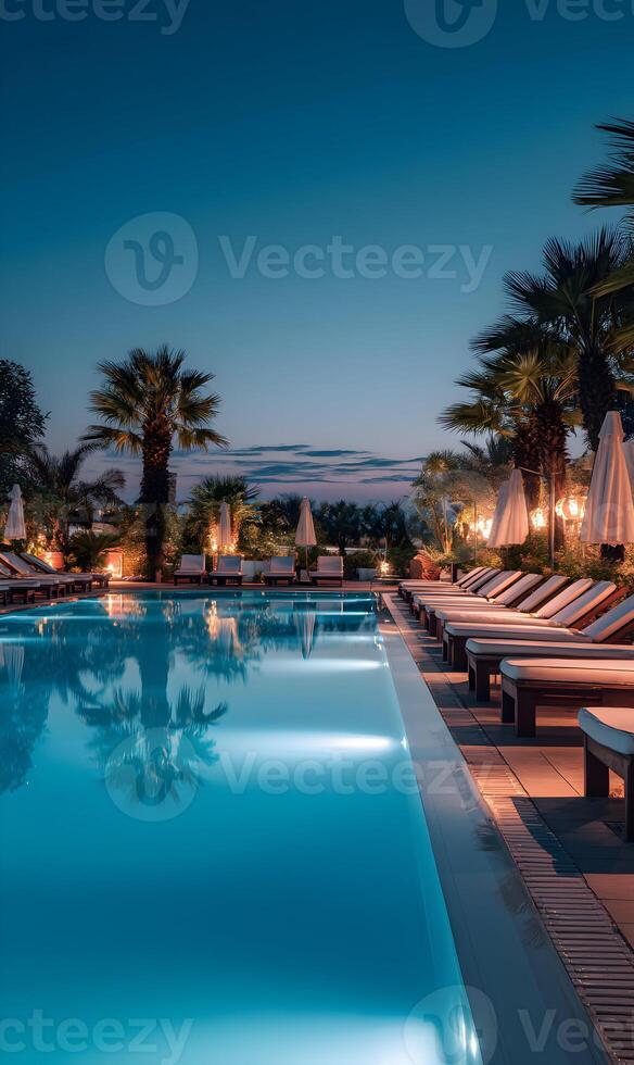 Luxury resort pool bathed in tranquil blue twilight a serene escape under a starlit sky photo