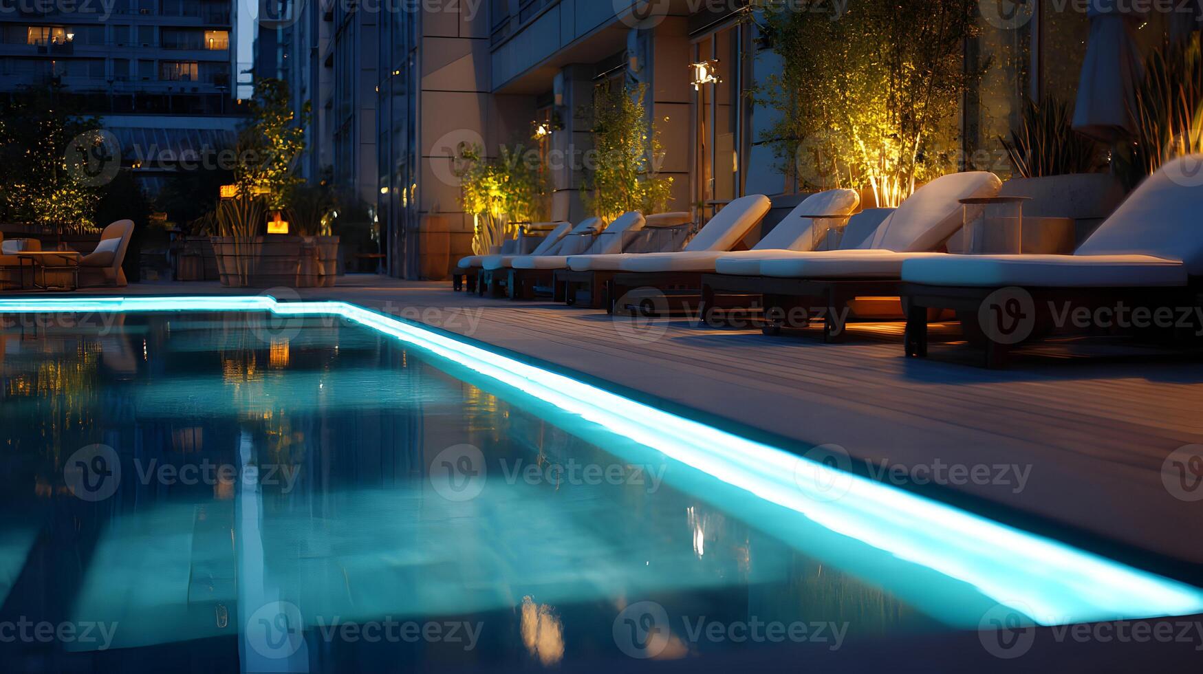 Serene night scene featuring a sleek swimming pool illuminated with cool blue lights in a modern resort photo