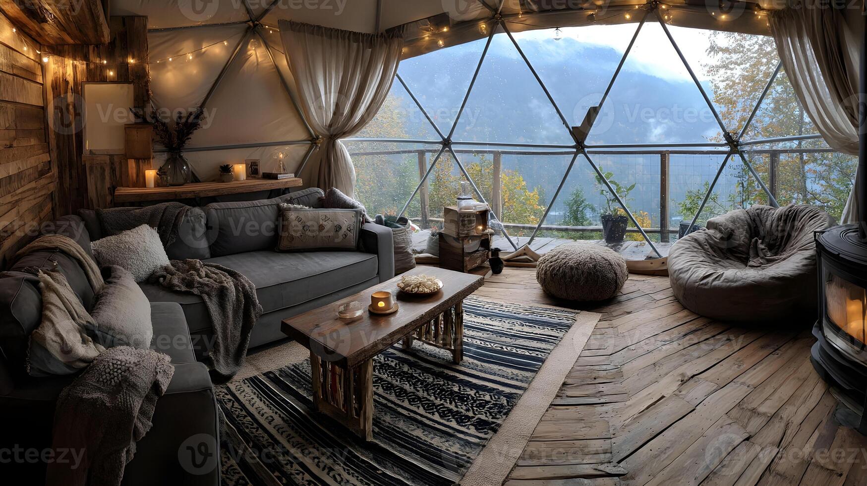 Inviting dome home interior showcases a cozy living space with scenic mountain views and warm lighting photo