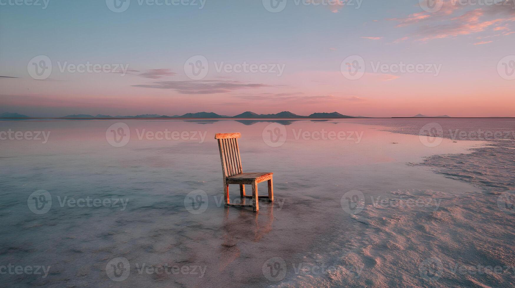 A solitary chair stands at the edge of a tranquil lake basking in the soft hues of dawn photo