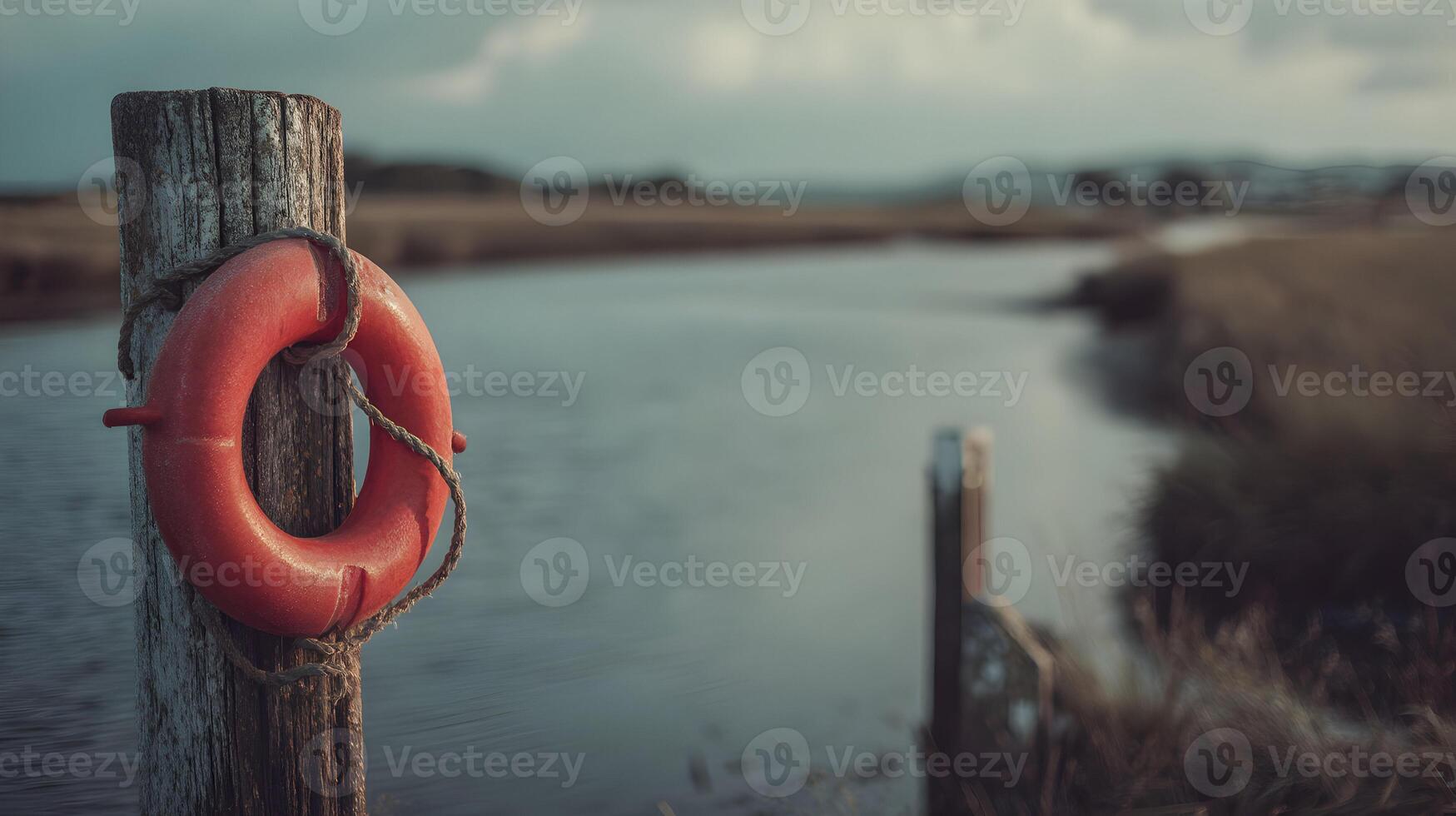 Vibrant orange life preserver secured to a weathered wooden post near tranquil waterway nature scene photo