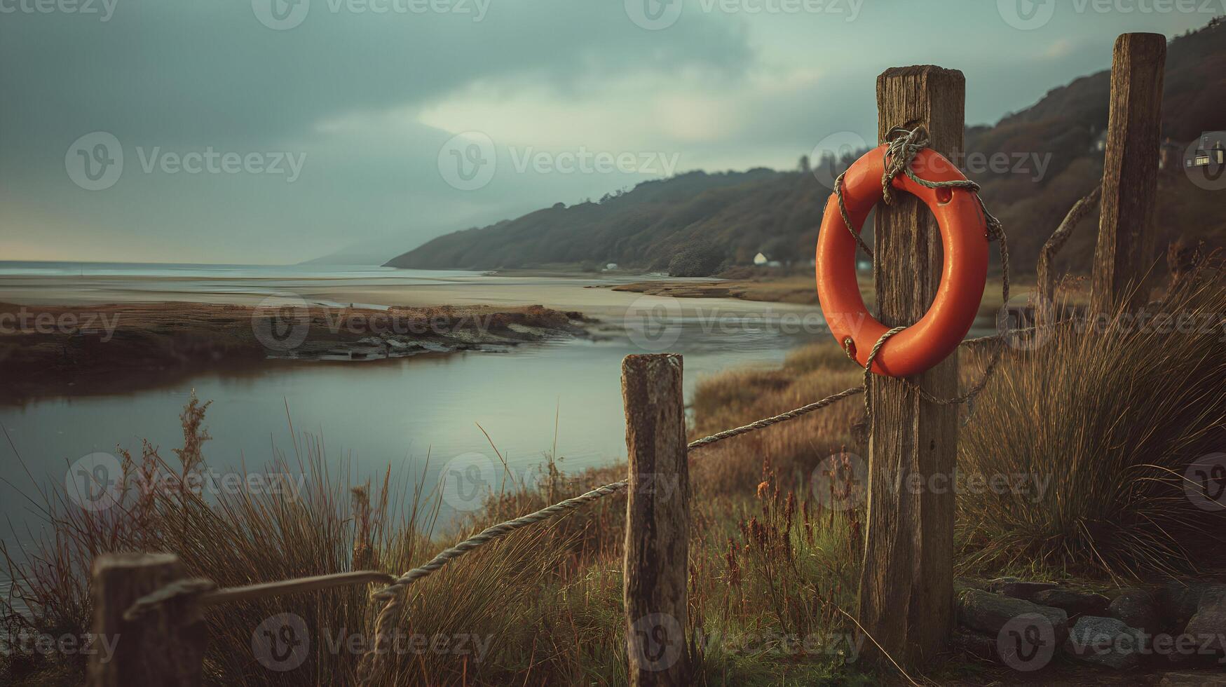 Idyllic coastal scene with life preserver and tranquil estuary landscape under a cloudy sky photo