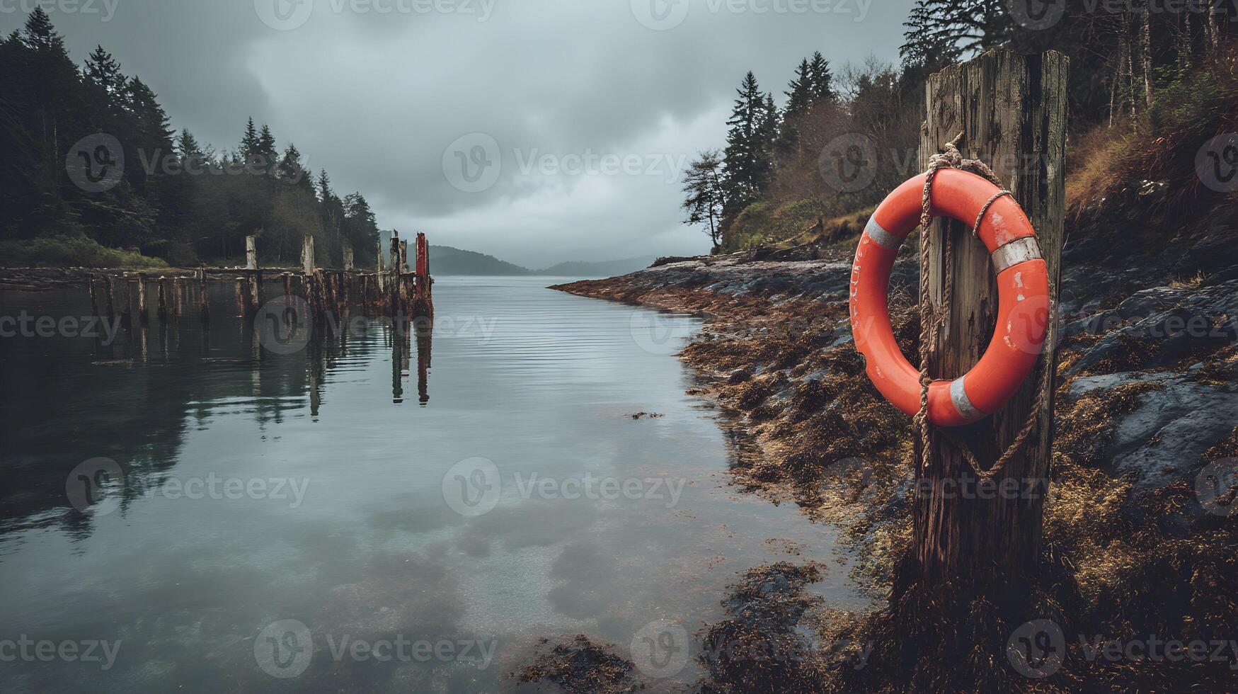Lifeguard ring on a post at the edge of a tranquil lake on a cloudy day, perfect for recreation photo