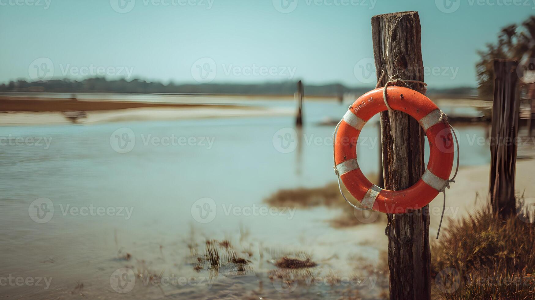 Seascape with a vibrant orange life preserver against a weathered wooden post evokes safety and tranquility photo