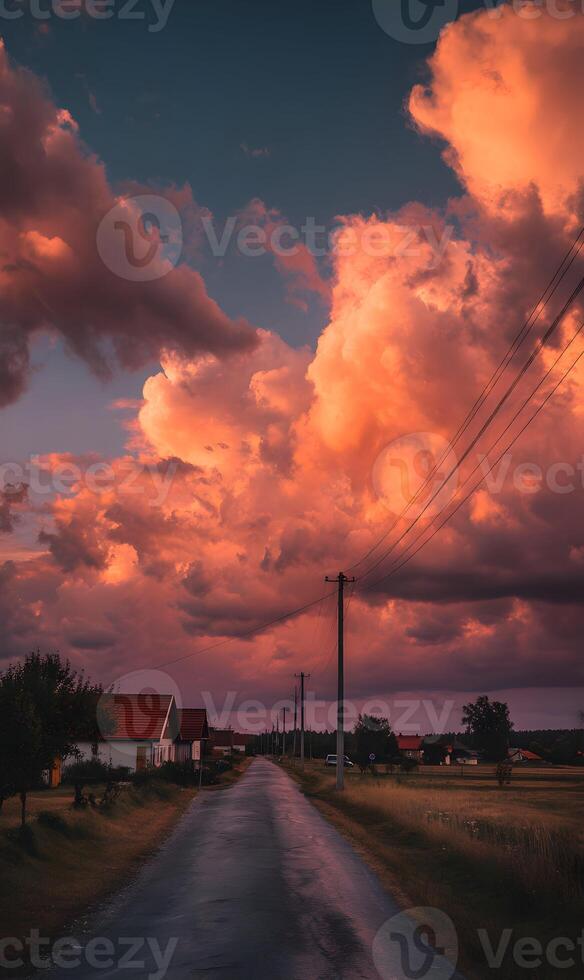 Dramatic skies over rural road with distant houses in an atmospheric scene during sunset time photo