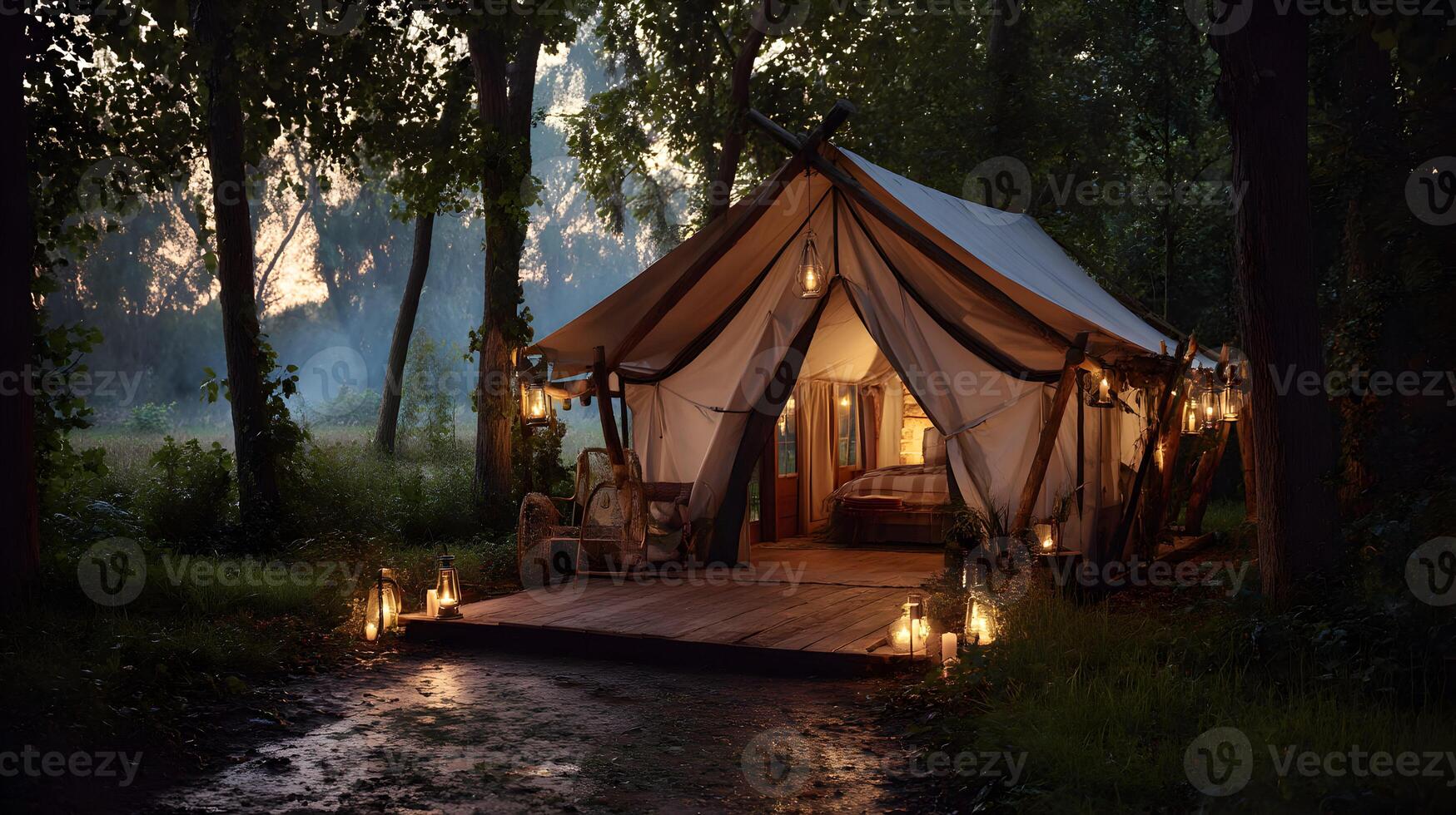 Experience Luxurious Glamping amidst the Serene Woods at Night with Illuminated Tent and Lanterns photo