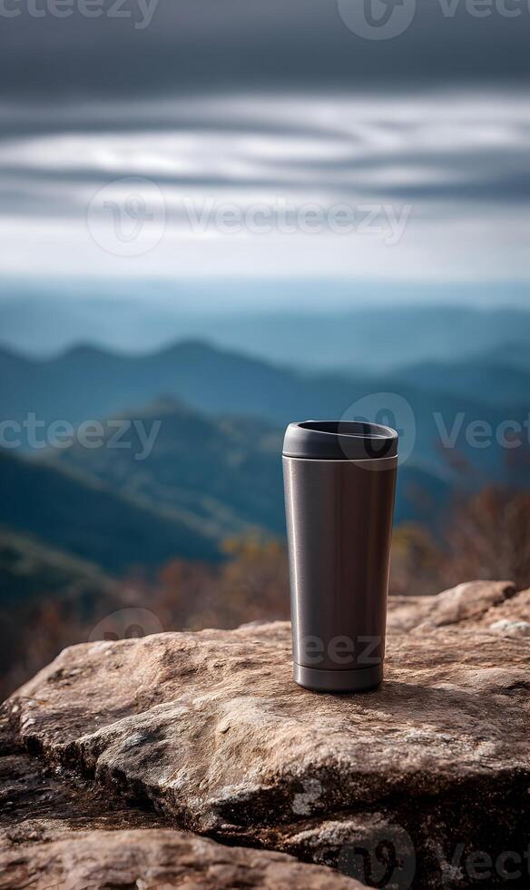 Stainless steel tumbler enjoying an overlook view of a beautiful mountain range landscape photo