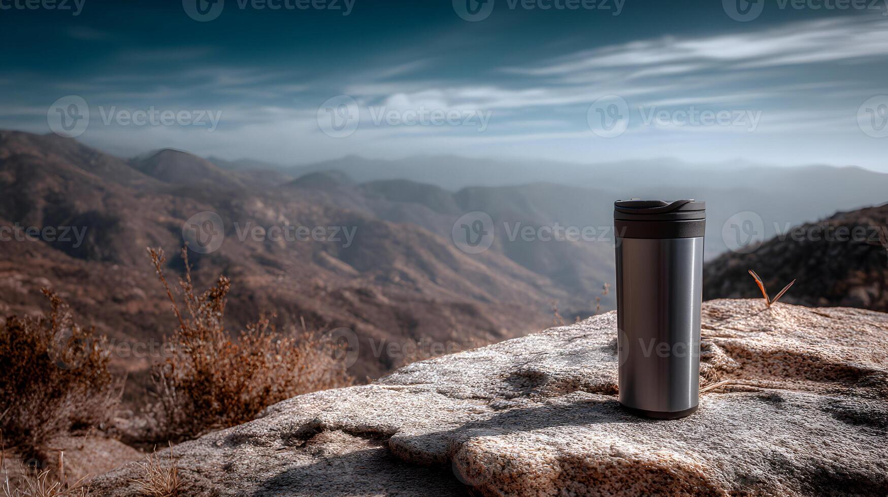 A stainless steel tumbler sits perched on a rocky mountaintop overlooking a panoramic vista photo