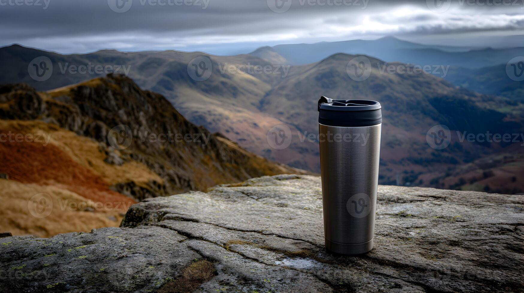 Stainless steel travel mug on a rock with mountains and cloudy sky in the background landscape photo