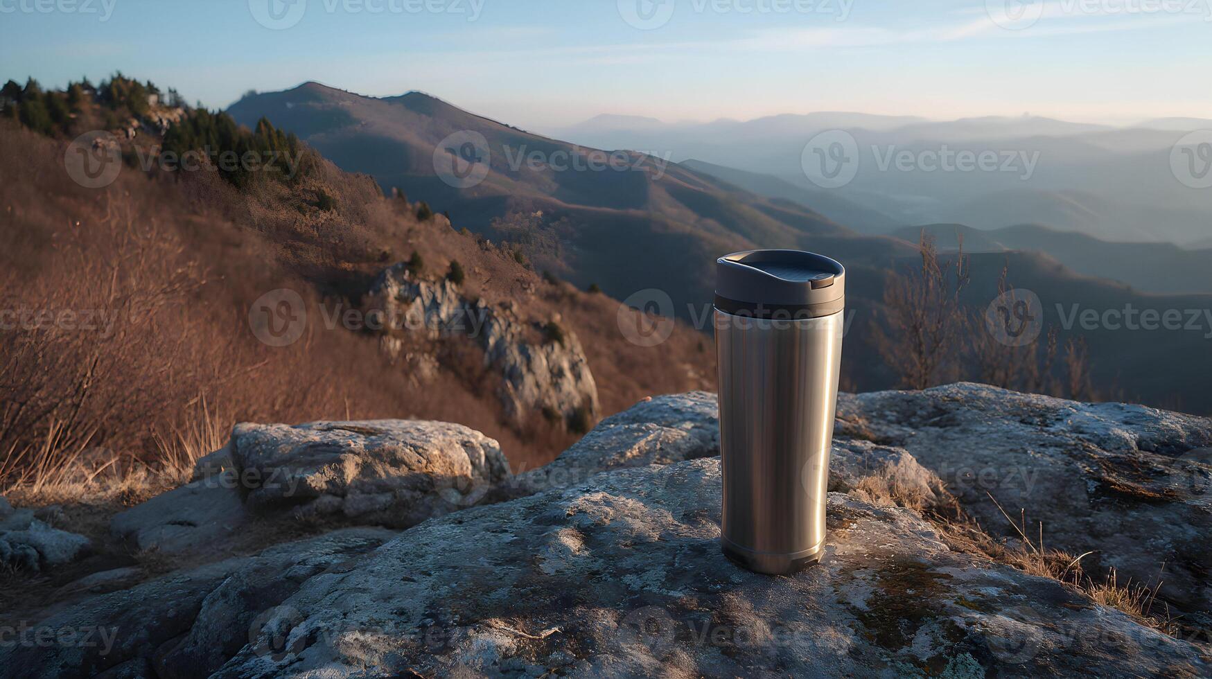 Metal tumbler stands proud on a rocky precipice overlooking vast mountain range scenery at sunrise photo