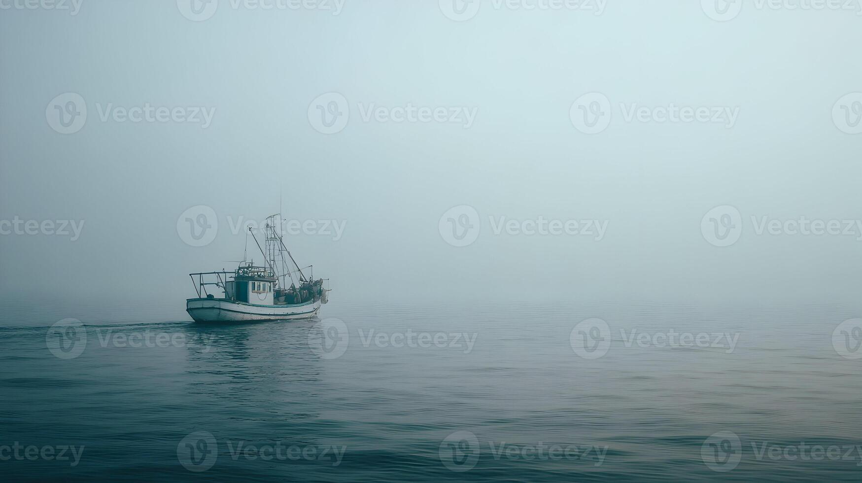 Fishing Vessel Drifting in the Misty Waters A Solitary Journey Through the Foggy Seas photo