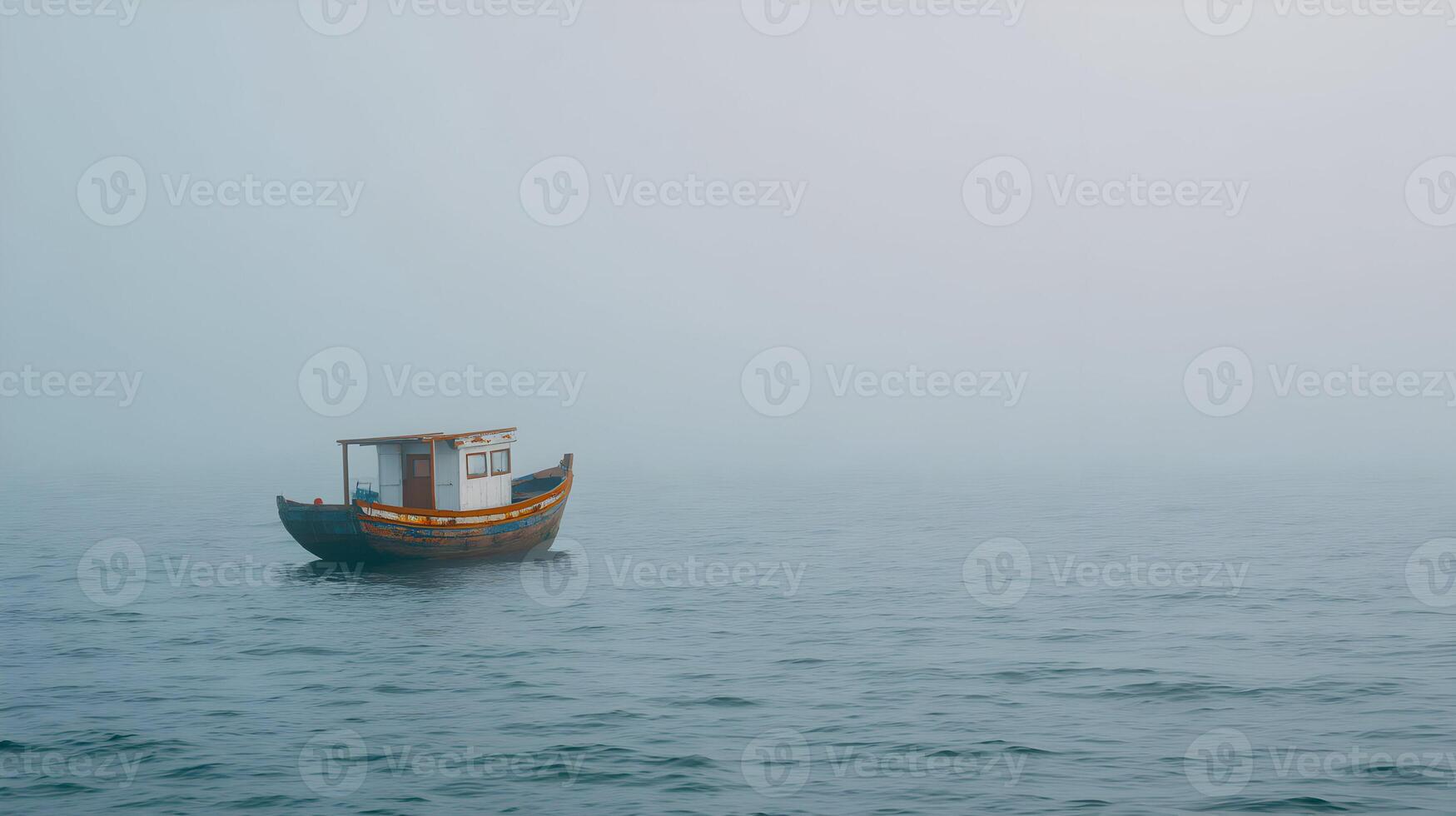 An old fishing boat sits still in the water surrounded by heavy fog casting a moody atmosphere photo