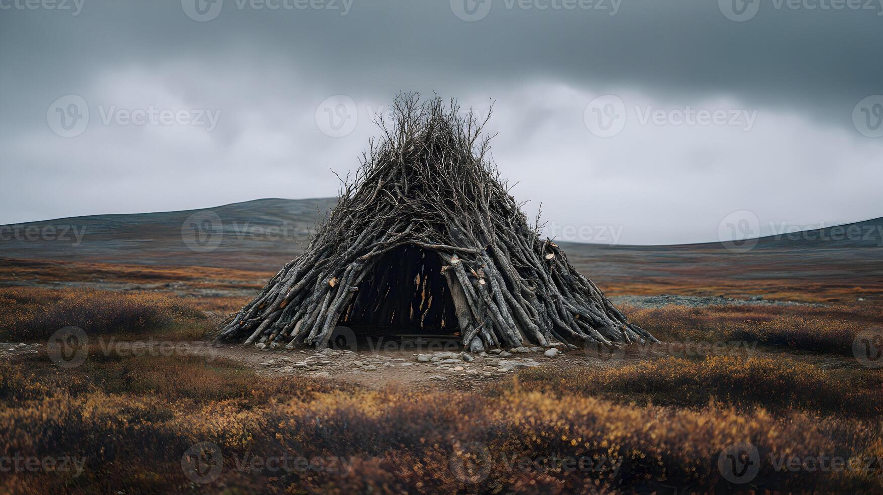 Mystical hut amidst a windswept tundra landscape under an overcast sky offering a tranquil atmosphere photo
