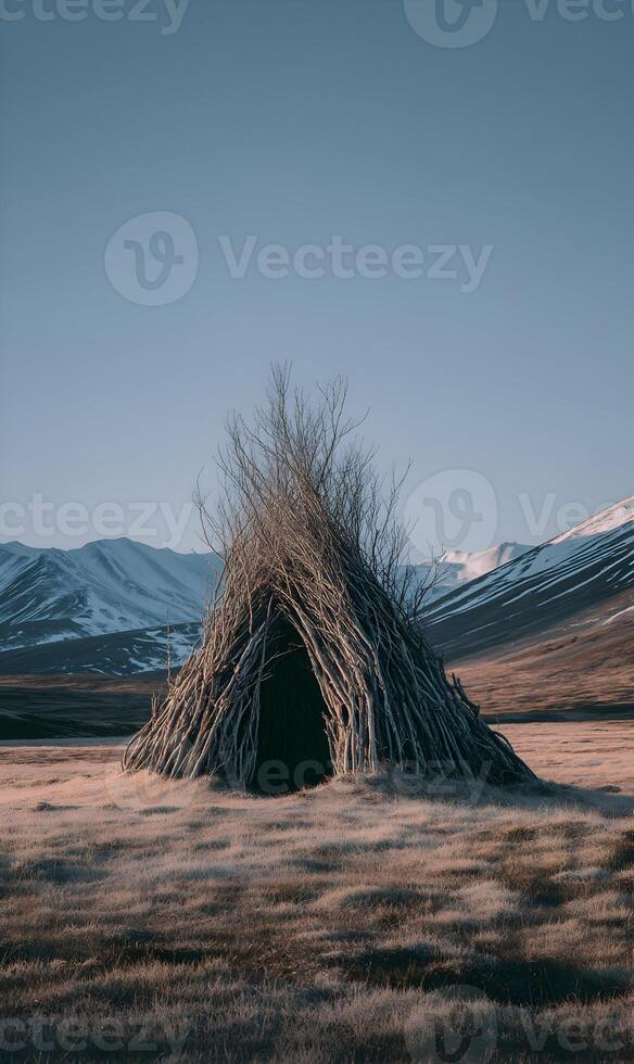 Rustic shelter standing strong in expansive landscape capturing resilience and solitude in nature's embrace photo