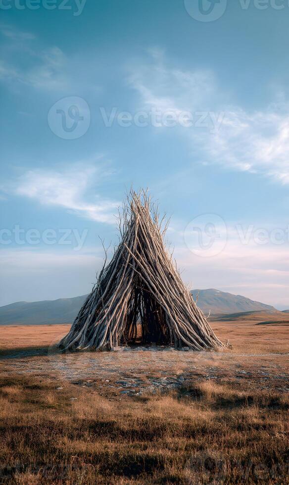 Teepee structure stands gracefully in a vast golden field under a blue sky, hinting at rustic adventures photo