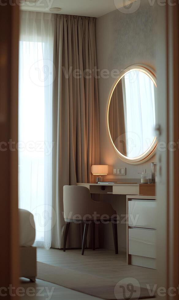 Elegant dressing table in a modern bedroom bathed in soft light creating a serene atmosphere photo