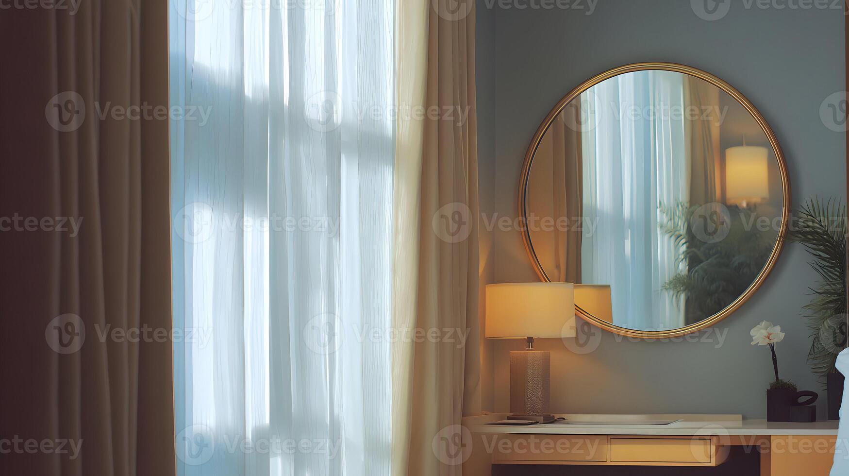 Elegant home decor featuring a round mirror, a lamp, and sheer curtains letting in soft light photo