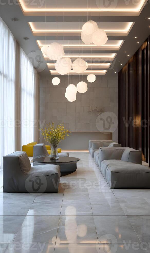 Modern lobby featuring stylish lighting and seating creating a welcoming sophisticated atmosphere design photo