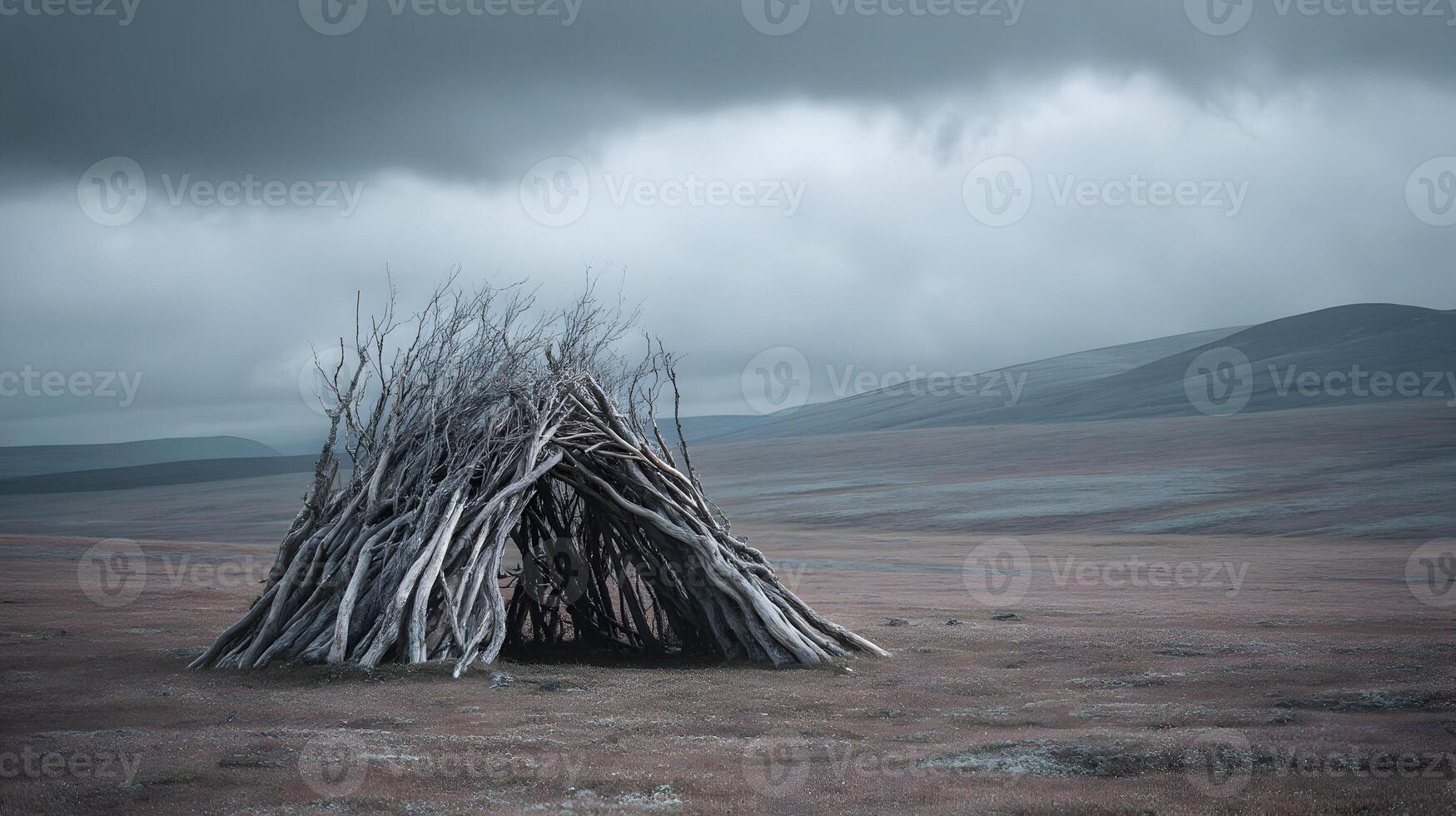 Barren landscape with a rudimentary shelter constructed from branches underneath stormy clouds photo