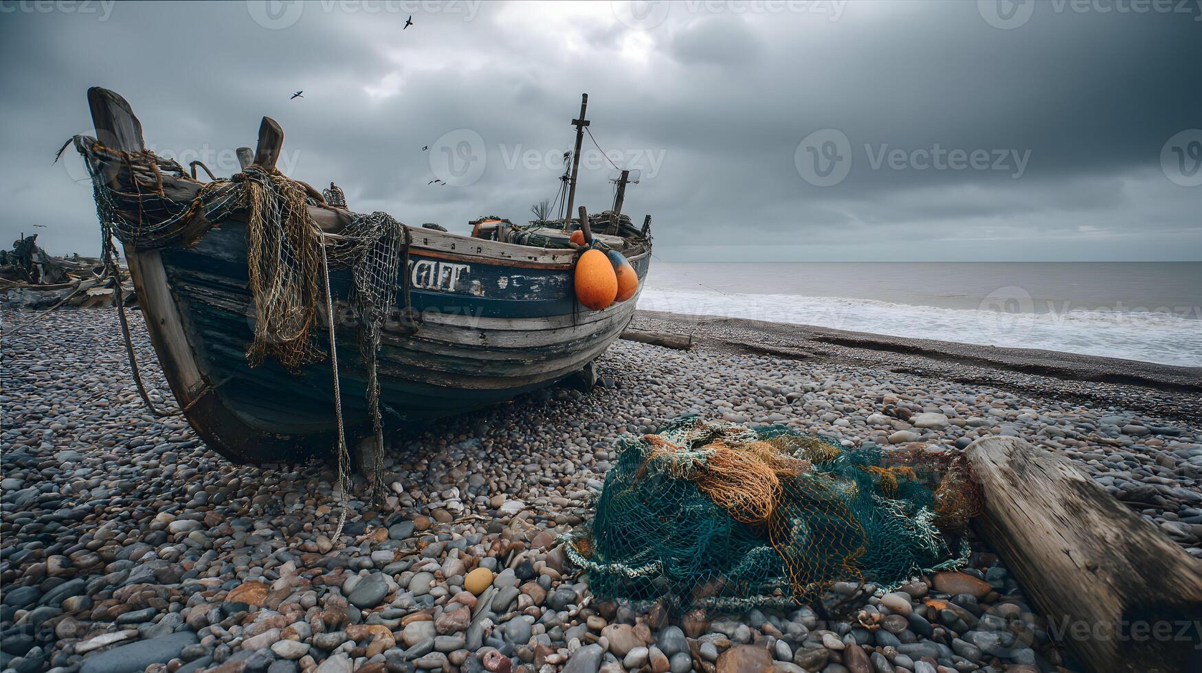 Weathered fishing boat rests on a pebble beach under a dramatic sky near the ocean waves photo