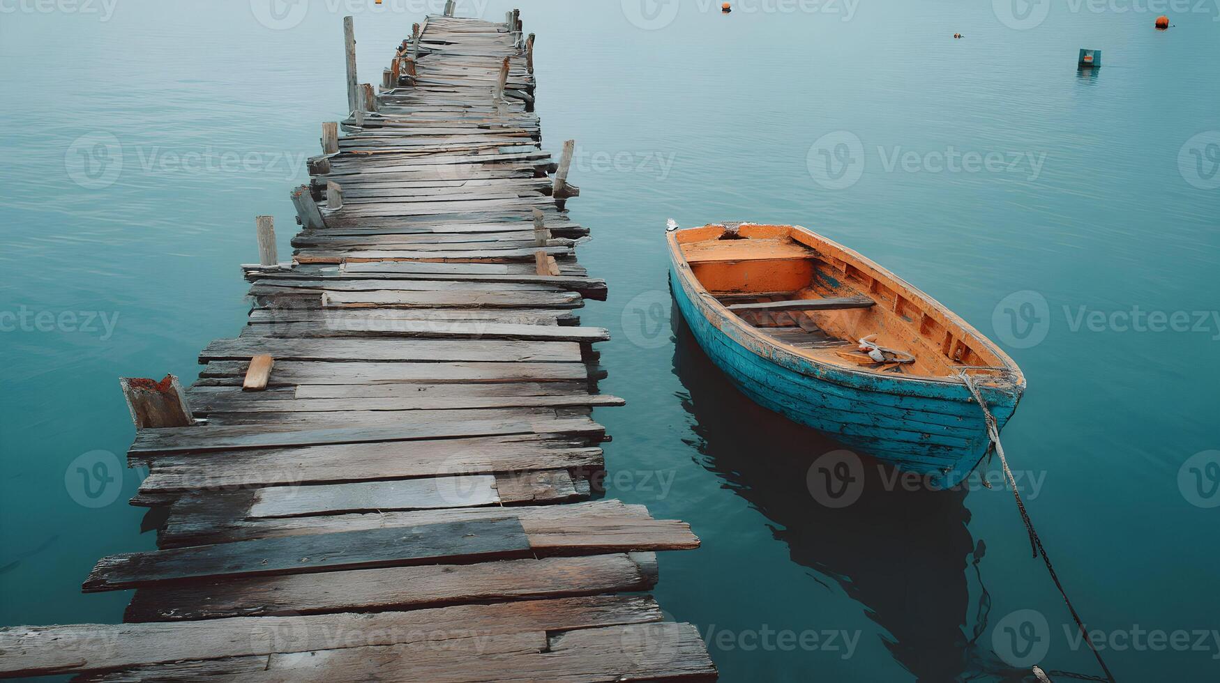 A rustic wooden pier stretching into calm blue water with a small boat gently floating alongside photo
