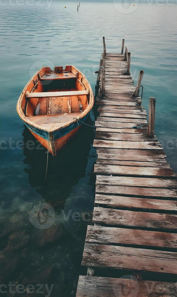 Calm waters embrace a rustic wooden boat and weathered dock under a serene sky reflecting peace photo