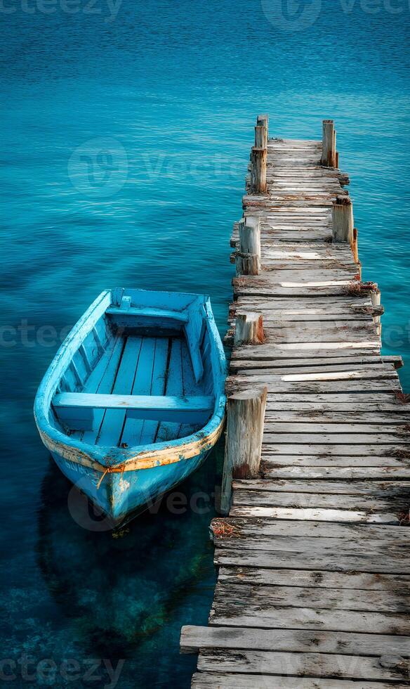 A serene turquoise sea meets a weathered wooden dock with a small blue boat gently resting nearby photo