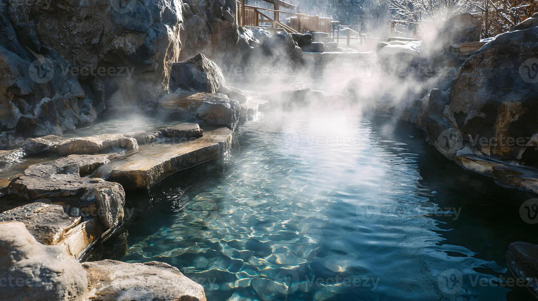 Beautiful natural hot spring with steam rising in the cold air surrounded by rocks photo