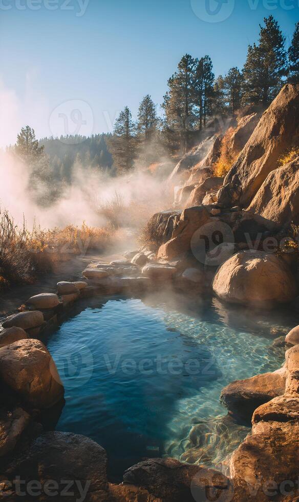 Serene natural hot spring retreat nestled amidst rocky landscapes with rising steam in clear daylight photo