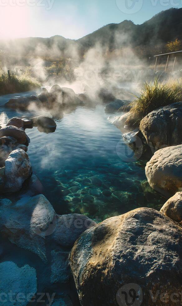 Steaming hot springs nestled among rocks and mountains creating a tranquil and therapeutic experience photo