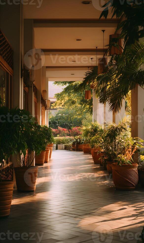 Sunlit garden corridor with potted plants creating a tranquil atmosphere for relaxation and enjoyment photo