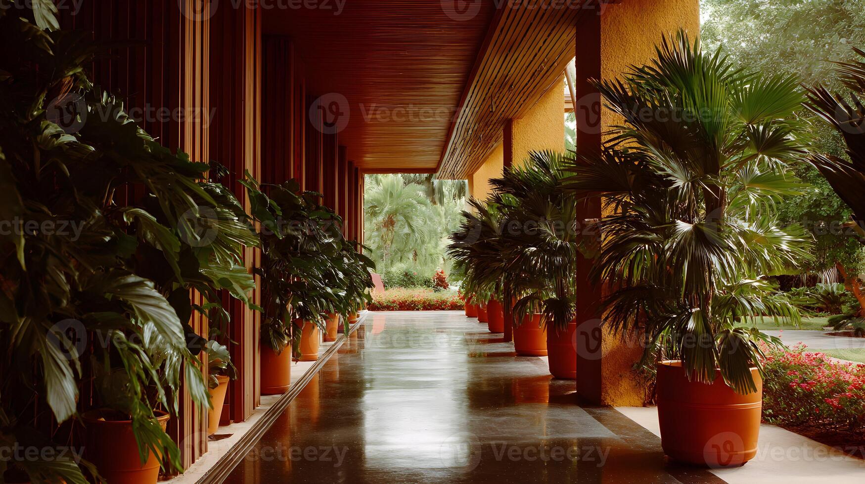 An elegant walkway lined with potted plants creates a tranquil indoor outdoor transition space photo