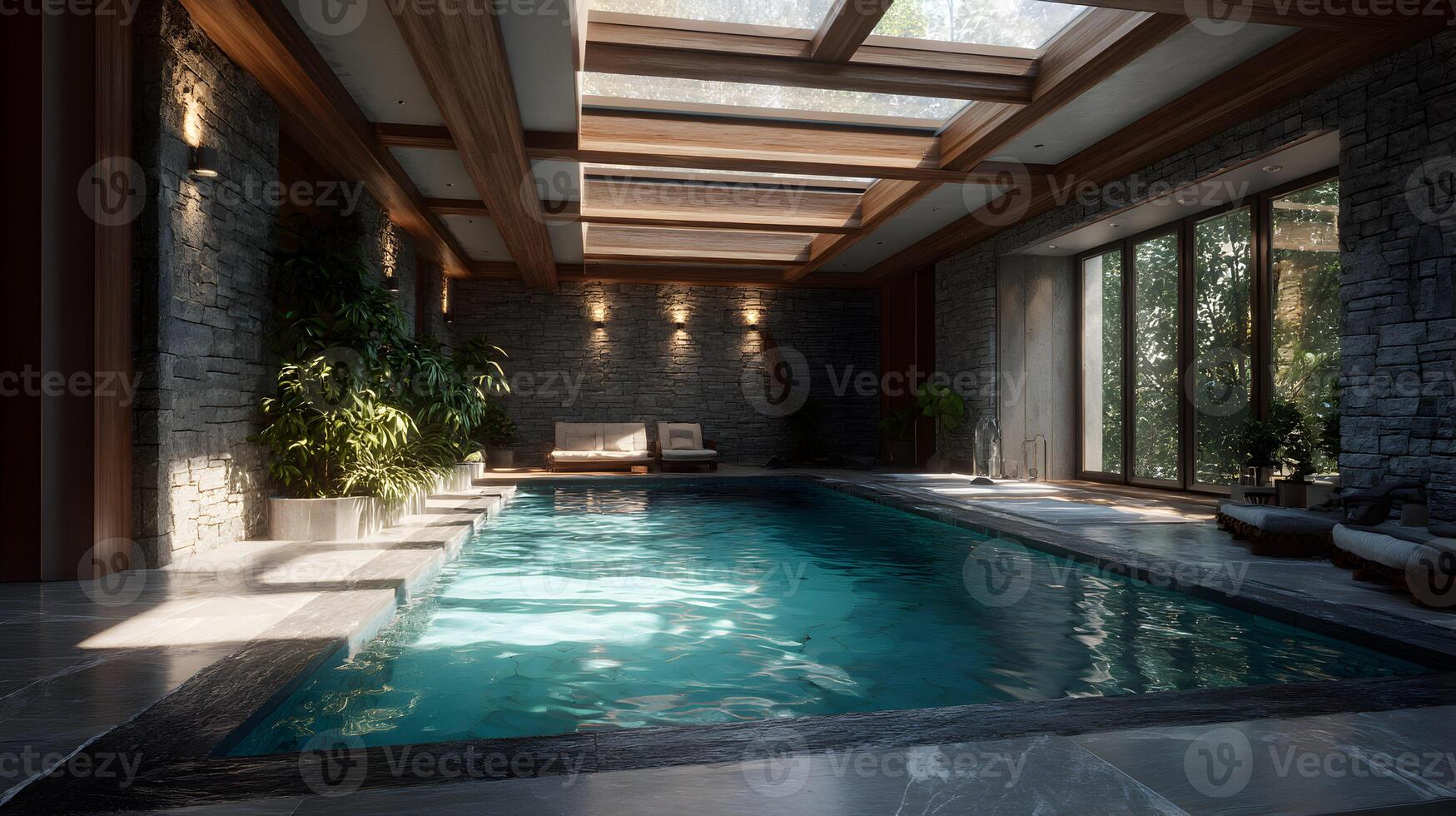 Luxury indoor swimming pool with natural light cascading through a skylight and large windows photo