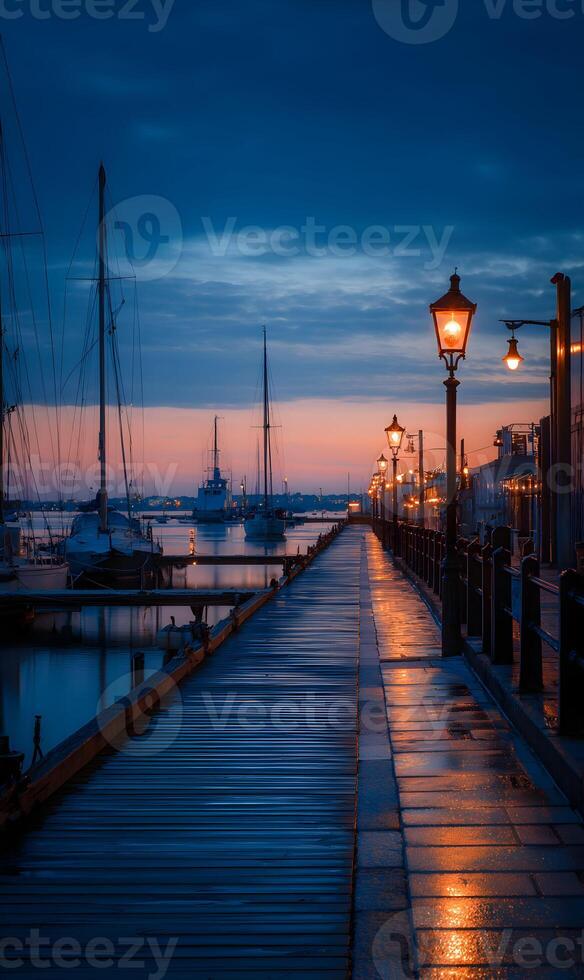 Enchanting harbor scene at dusk capturing the magic of twilight with illuminated pier lights photo