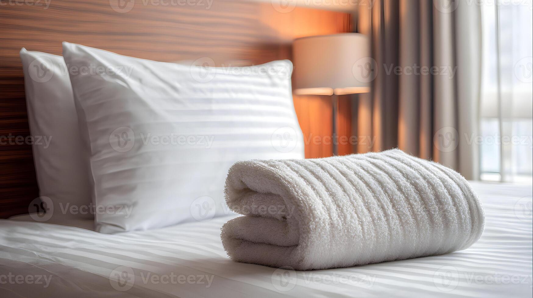 Close up of neatly arranged white towel on a hotel bed showcasing hospitality and cleanliness photo