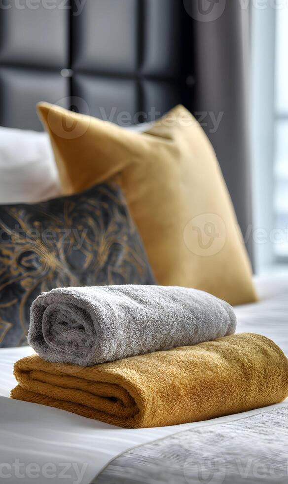 Luxurious hotel room showcasing rolled towels pillows and a stylish headboard for a serene retreat photo